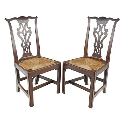 Pair of Georgian Country Oak Dining Chairs with Drop-in Rush Seats, 19th Century
