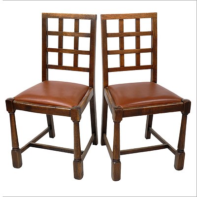 Pair of Oak Framed Hatched Back Dining Chairs with Newly Upholstered Leather Seats - Early 20th Century