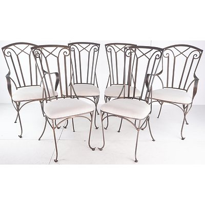 Set of Six Decorative Wrought Iron Chairs with Upholstered Seats, Including Two Carvers