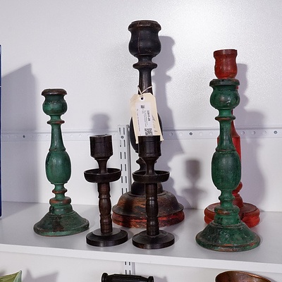 Six Various Antique and Vintage Turned Wooden Candlesticks