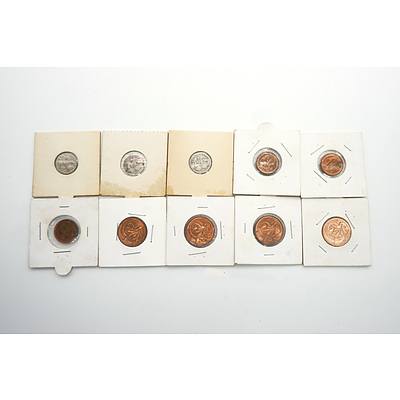 Ten Various Carded 1c, 2c and Three Pence Coins