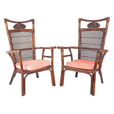 Pair of Vintage Bamboo and Cane Armchairs in the Japanese Aesthetic with Fabric Cushions