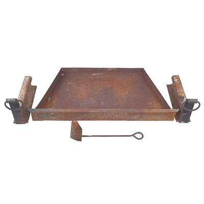 Antique Iron Fireplace Tray with Two Fire Dogs Hand Crafted From Railway Line and Ash Shovel
