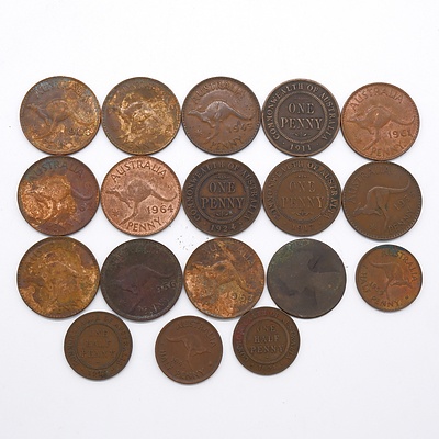 18 Various Australian Pennies and Half Pennies, Including 1911 Penny and 1921 Half Penny