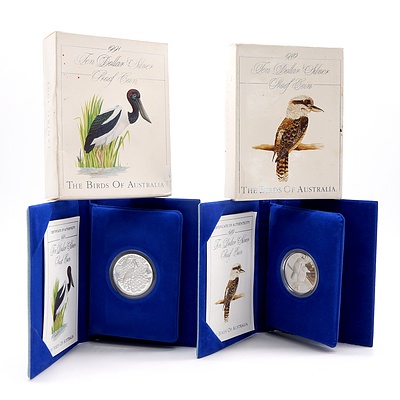 Two Birds of Australia $10 Silver Proof Coins, Jabiru 1991 and Kookaburra 1989