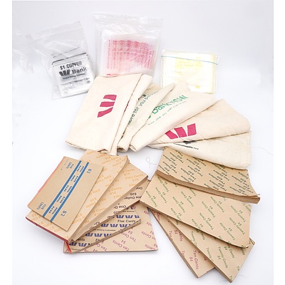 Six Vintage Cloth Bank Coin Bags, A Selection of Unused Paper Coin Rolls and Assorted Plastic Coin Bags