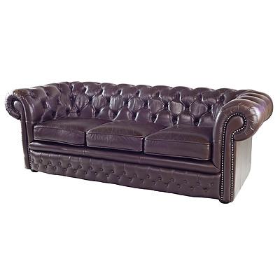 Deep Buttoned Reddish Deep Tan Leather Chesterfield Three Seater Sofa (1st of a Pair)