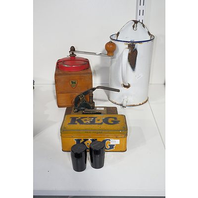 Vintage Coffee Grinder, Enamel Pouring Jug, Hole Punch, KLG Tin, and Two Bakelite Film Canisters