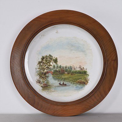 English River Scene Painted on Ceramic Plate in Elm Frame