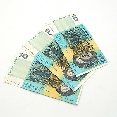 Three Australian Johnston/ Fraser $10 Notes, UUK, UUC and UTA