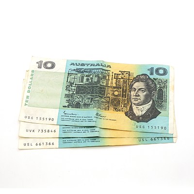 Three Australian Johnston/ Fraser Ten Dollar Notes, USG, UVK and USL