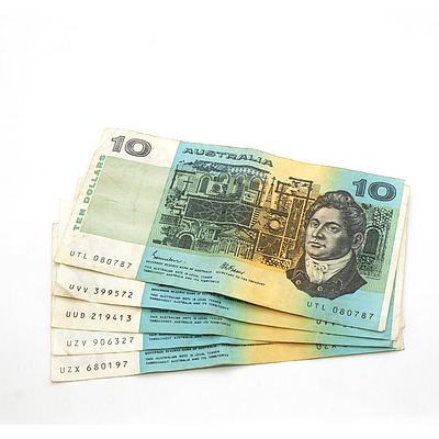 Five Australian Johnston/ Fraser Ten Dollar Notes, UTL, UVV, UUD, UZV and UZX