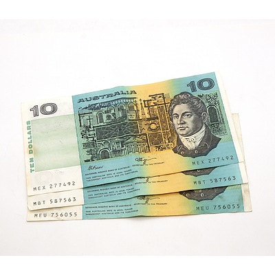 Three Australian Fraser/ Higgins Ten Dollar Notes, MEX, MBT and MEU