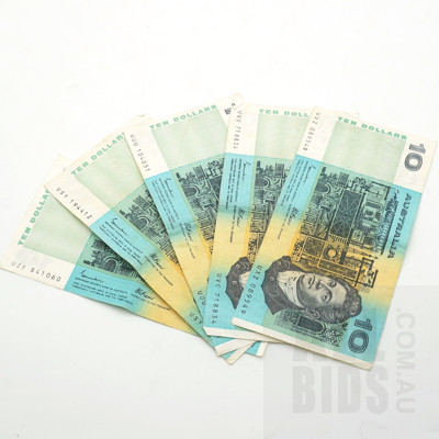 Five Australian Johnston/ Fraser Ten Dollar Notes, UXZ, UVC, UUU, USY and UZF