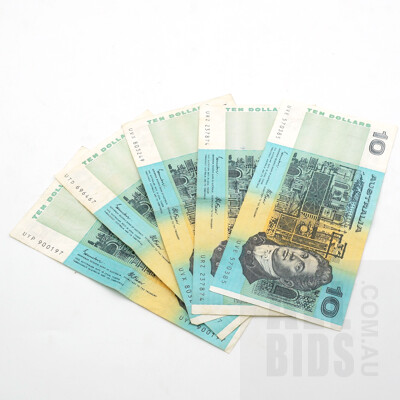 Five Australian Johnston/ Fraser Ten Dollar Notes, UVE, URZ, UVX, UTD and UYP