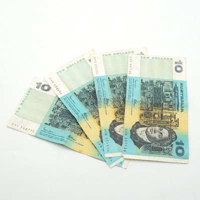 Four Australian Johnston/ Fraser Ten Dollar Notes, UXR, UUQ, UXN and UVY