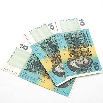 Three Australian Fraser/ Higgins $10 Notes, MGA, MBJ and MBN