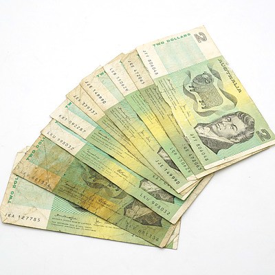 Ten Australian $2 Notes, Johnston/ Fraser and Knight/ Stone