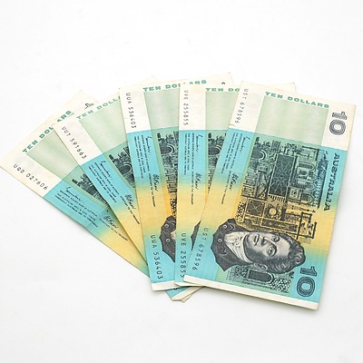 Five Australian Johnston/ Fraser Ten Dollar Notes, UUT, UUA, UVE, UST, UQD