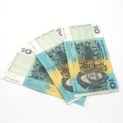 Three Australian Fraser/ Higgins Ten Dollar Notes, MAR, UZX, MAE