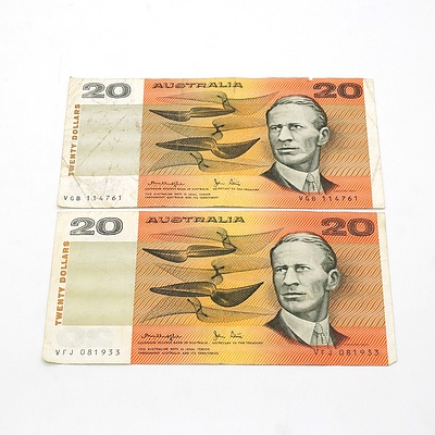 Two Australian Knight / Stone $20 Notes, VGB 114761 and VFJ 081933