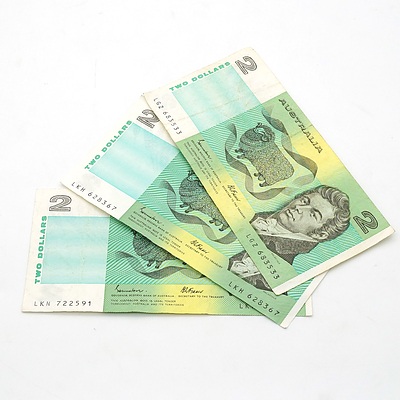 Three Australian Johnston/ Fraser $2 Notes, LGZ683533, LKH628367, and LKN722591