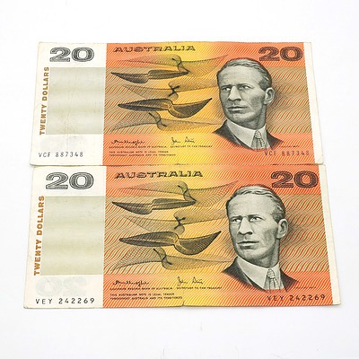 Two Australian Knight/ Stone $20 Notes, VEY242269 and VCF887347