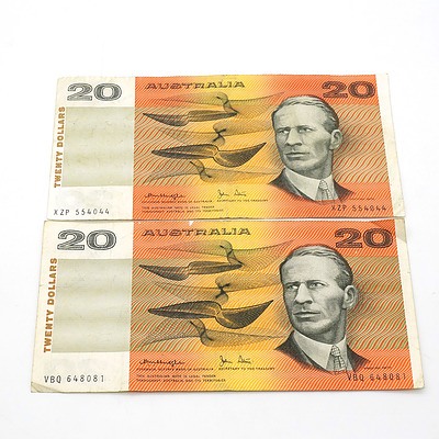 Two Australian Knight/ Stone $20 Notes, XZP554044 and VBQ648081
