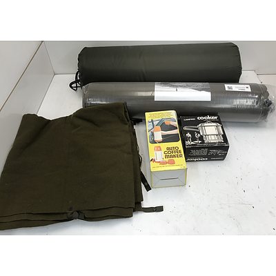 Two New Self Inflating Camping Mats, Blanket, Camp Cooker and Auto Coffee Maker
