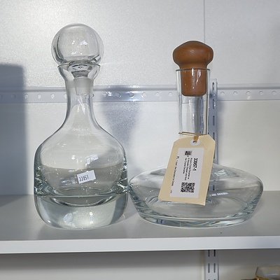 Krosno Crystal Decanter with Wooden Stopper and Another Crystal Decanter