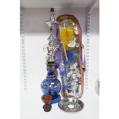 Large Middle Eastern Blue Glass Hookah Pipe with Accessories