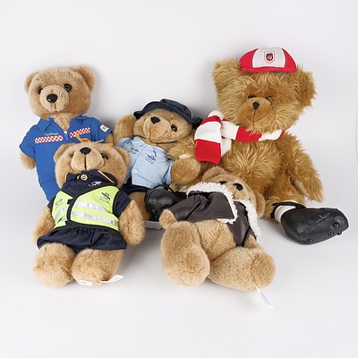 Four Collectible Care Flight Plush Bears and an NRL St George Dragons Supporter Bear