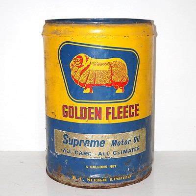 Original Golden Fleece Supreme Motor Oil 5 Gallon Drum, H. C. Sleigh Limited