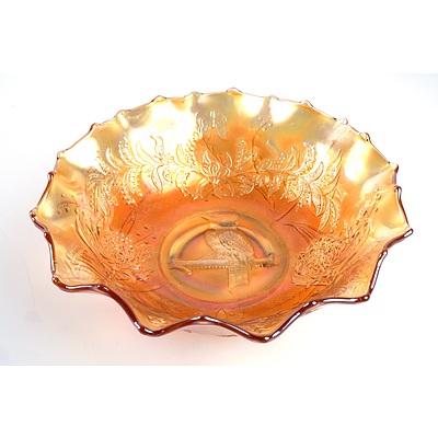 Marigold Carnival Glass 'Kookaburra' Bowl