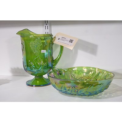 Vintage Green Carnival Glass Bowl and a Cordial Jug with Grape Motif