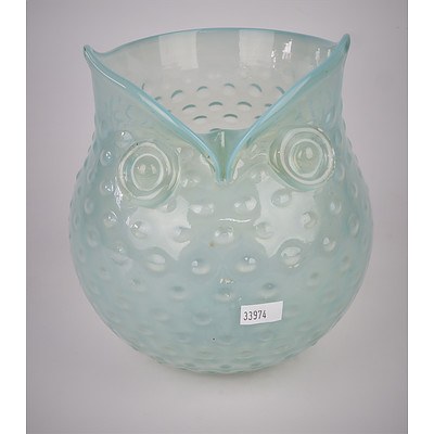 Unusual Hand Blown Vaseline Glass Owl Vase, Probably Bohemian Early to Mid 20th Century