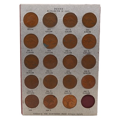 77 Australian Pennies in Hawthorn Press Album, 1911- 1964, Lacking 1925 and 1930