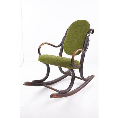 Antique Bentwood Children's Rocking Chair in Green Fabric Upholstry