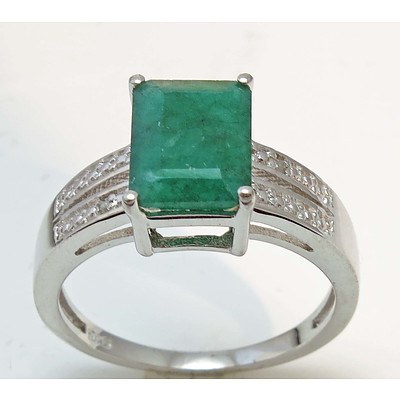 Sterling Silver Ring- Set With Emerald- Enhanced