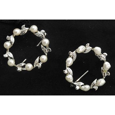 Pair Of Silver Cultured Pearl Brooches.