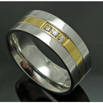 Stainless Steel Ring, With 18ct Gold Plated Centre, Set With Three Cz