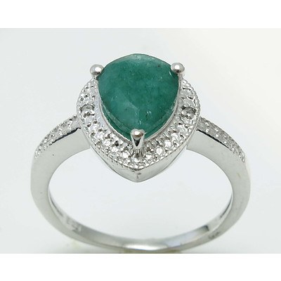 Sterling Silver Ring Set With Emerald, Enhanced and 2 Diamonds