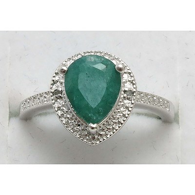 Sterling Silver Ring Set With Emerald, Enhanced and 2 Diamonds