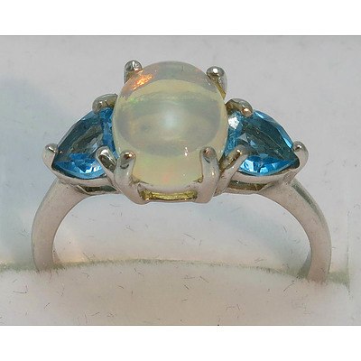 Sterling Silver Ring Set With Solid Light Opal And Blue Topaz