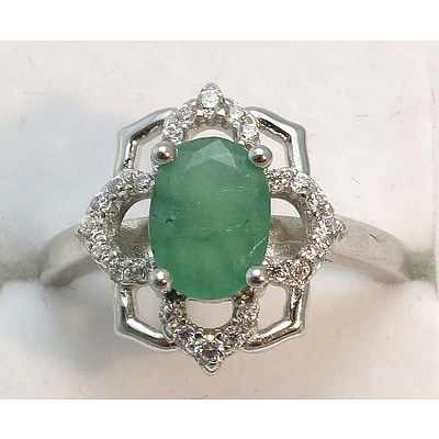 Sterling Silver Natural Emerald & Cz Ring