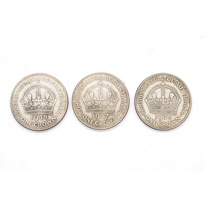 Three Commonwealth of Australia Crowns - 1 x 1937, 2 x 1938