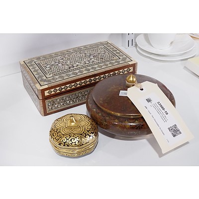Persian Sadeli Work Box, Chinese Cloisonne Enamel Box and An Eastern Lacquer Box