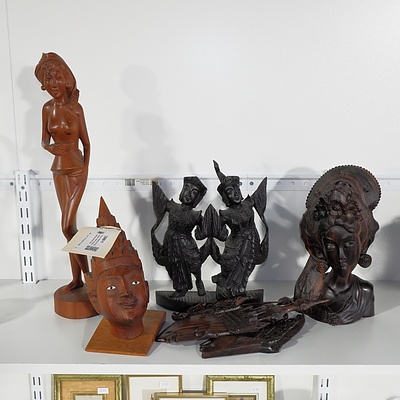 Group of Balinese and Other Eastern Wood Carvings Including Macassar Ebony