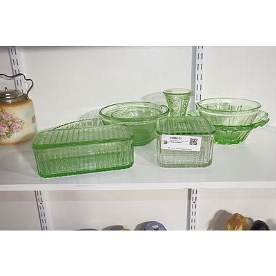 Group of Green Glass Including Mixing Bowls