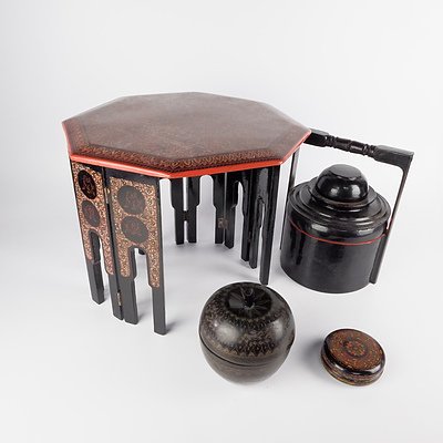 Group of Southeast Asian Lacquerware Including A Small Folding Table